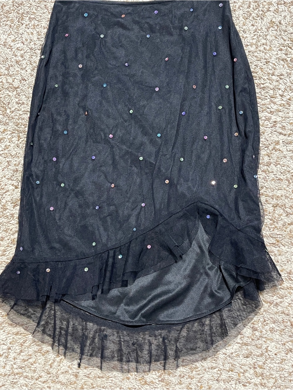 Betsey Johnson Black Mesh Sequin Midi Skirt Asymmetrical Ruffle Y2K Goth Medium